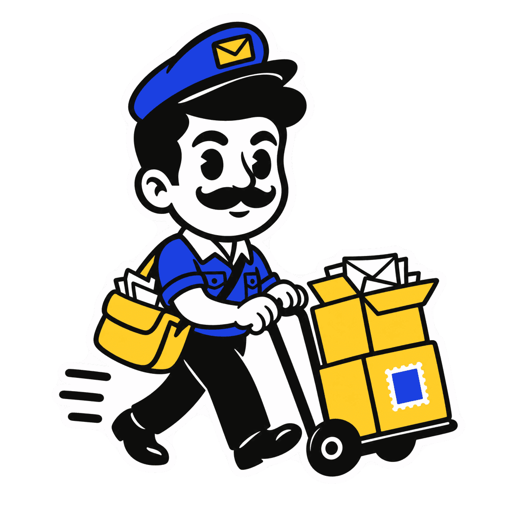 Manny the mail carrier wheeling moving boxes full of letters on a hand truck