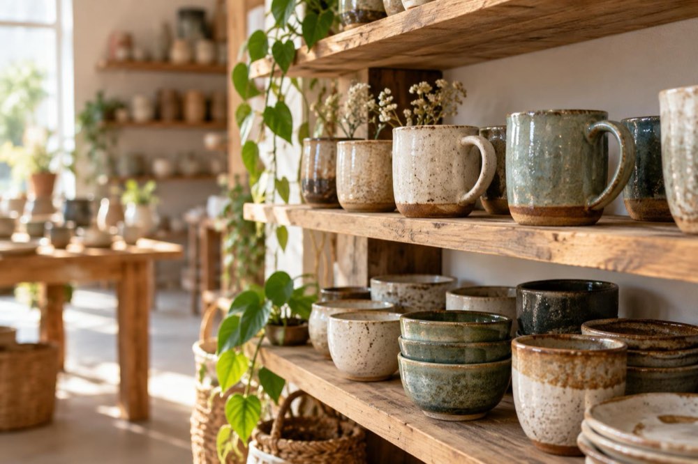 Handmade mugs and bowls on wooden shelves