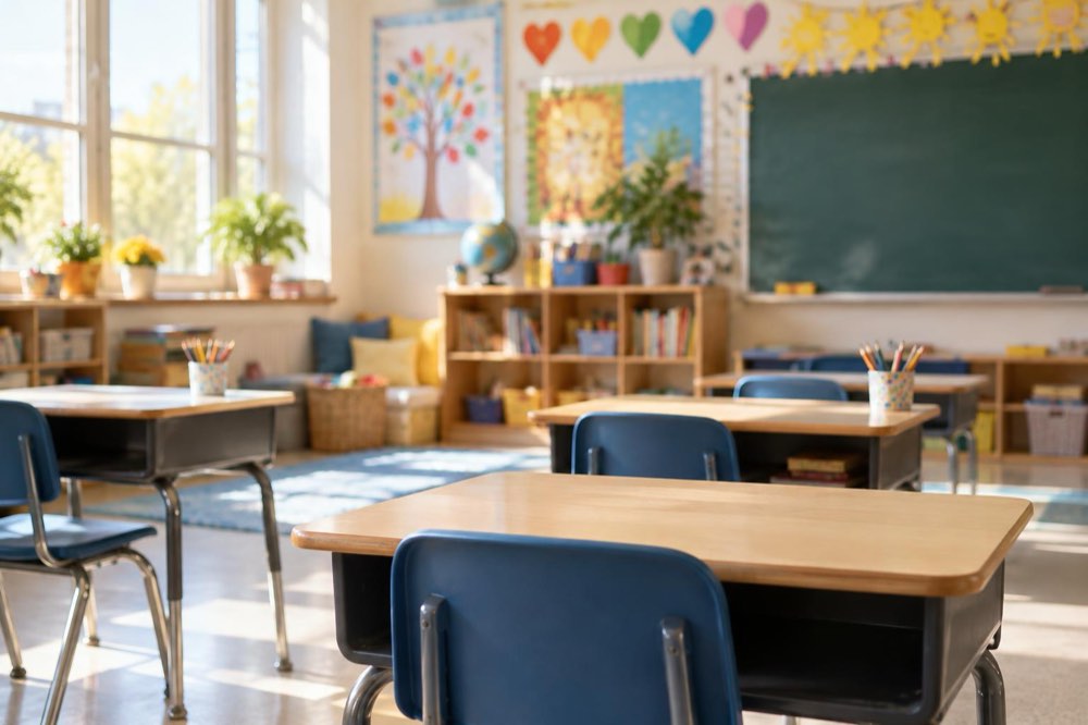 A bright classroom with small desks