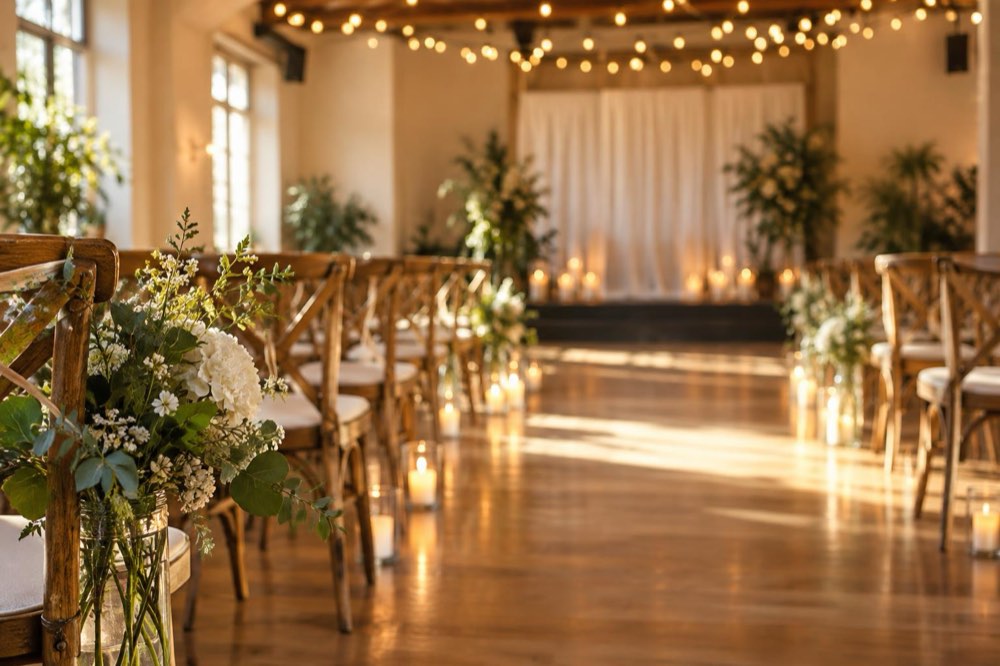A community hall set with chairs and flowers