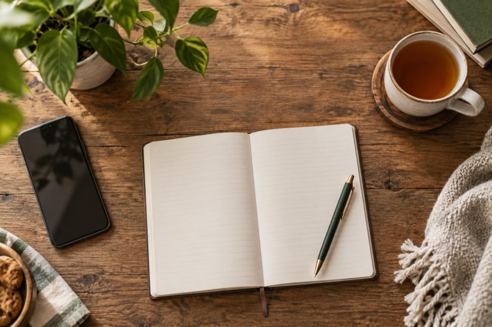 An open notebook with tea on a wooden desk