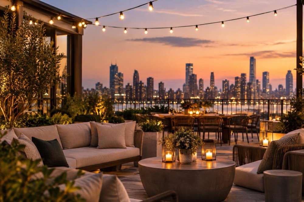 A rooftop terrace with string lights at dusk