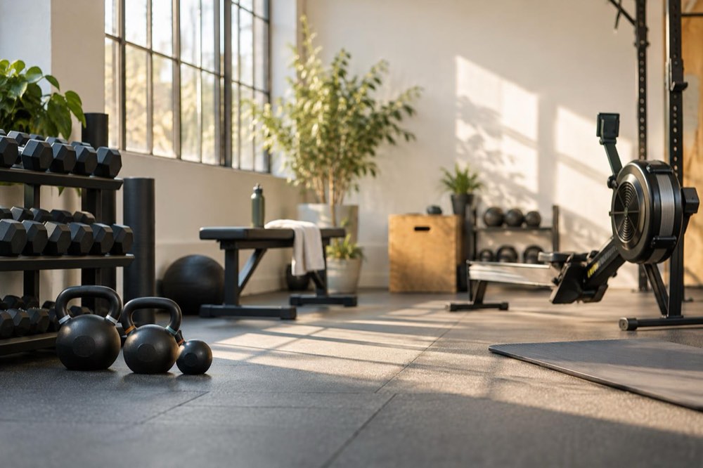 A bright gym with kettlebells and a rower