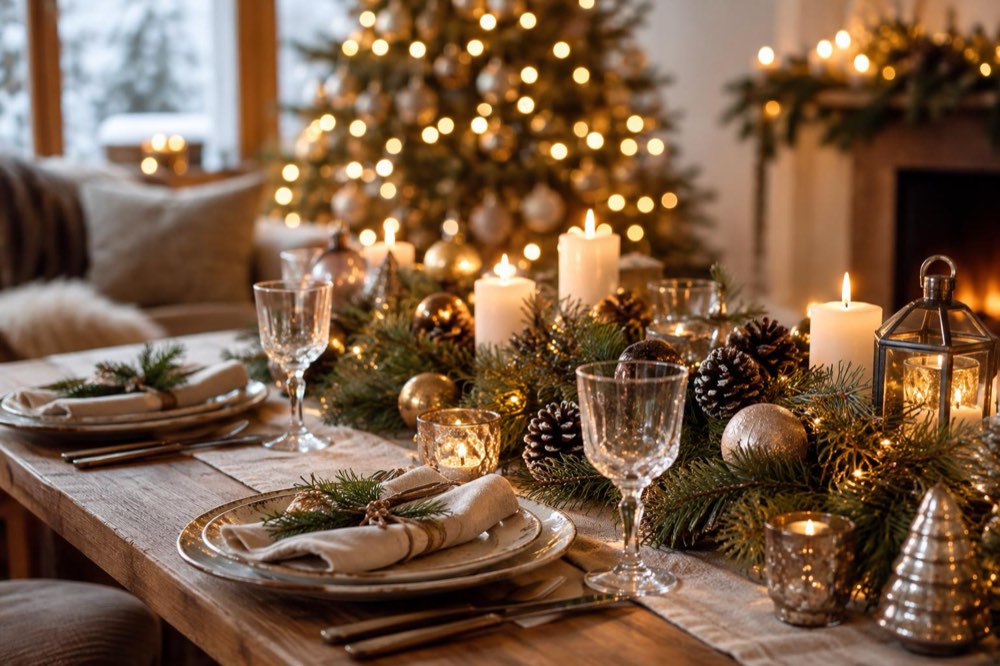 A festive table with candles and pine