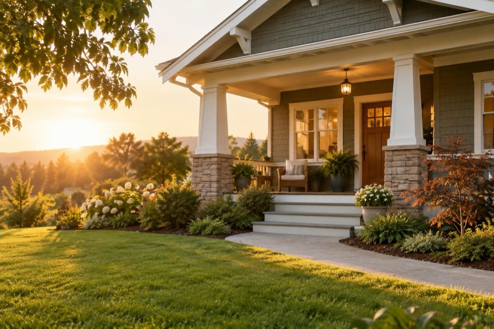A craftsman house with a front porch at golden hour
