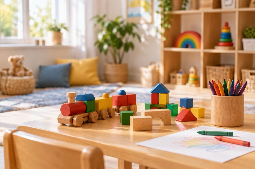 Wooden toys and crayons on a low table