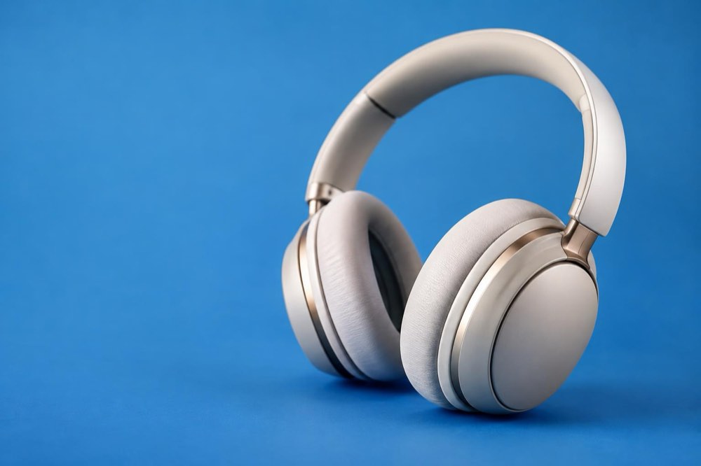 Over-ear headphones on a blue background