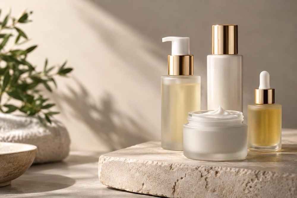 Skincare bottles on a stone pedestal
