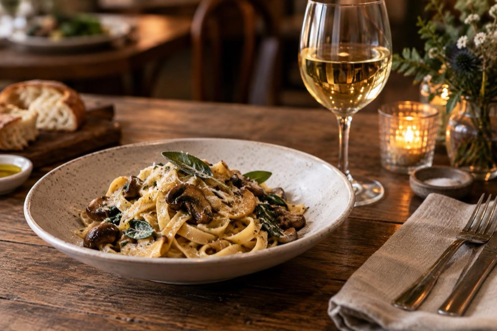 A plated pasta dish with a glass of wine