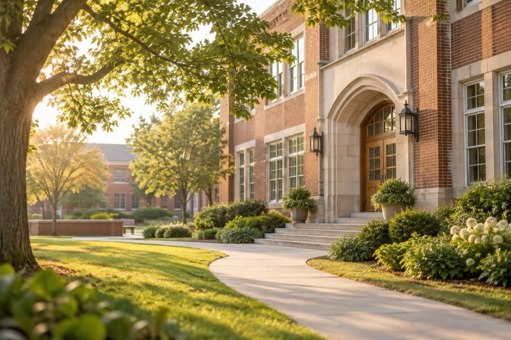 The school building on a sunny morning