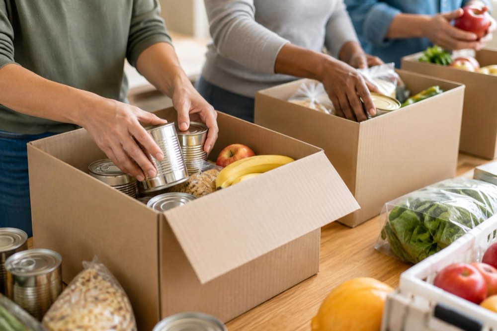 Volunteers packing donation boxes