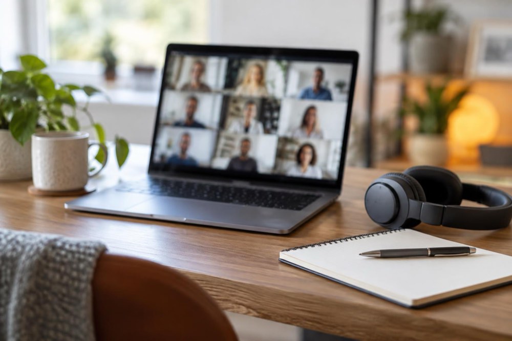 A laptop showing a video call