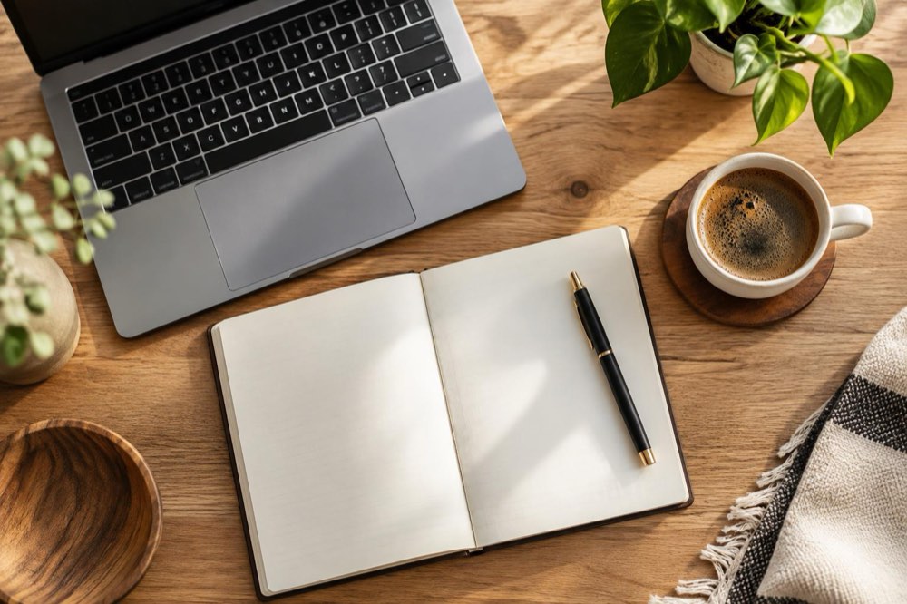 A tidy desk with a laptop and a notebook
